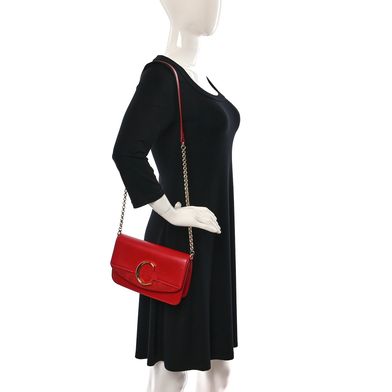 Chloe Calfskin Suede C Clutch With Chain Plaid Red 2 of 9