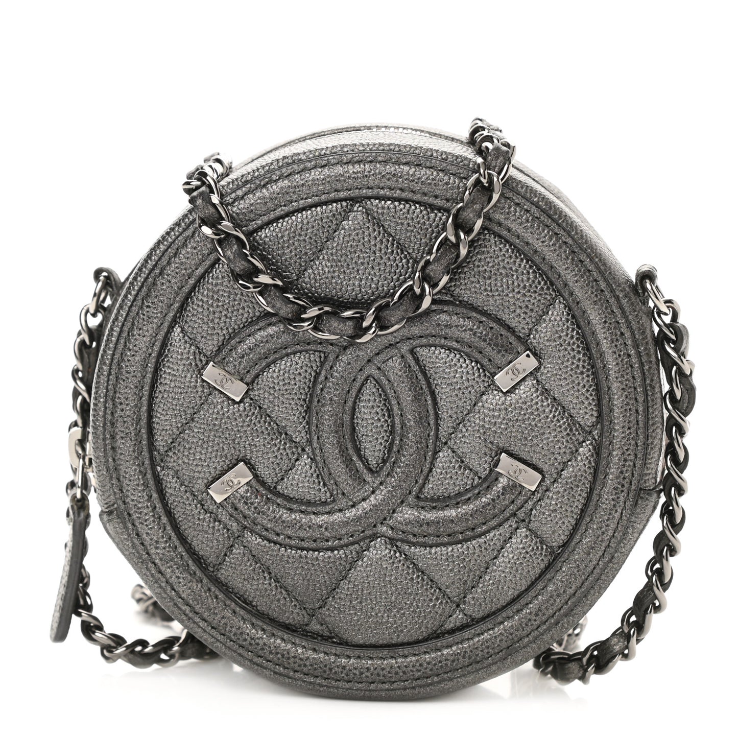 Metallic Caviar Quilted Round Filigree Crossbody Dark Silver