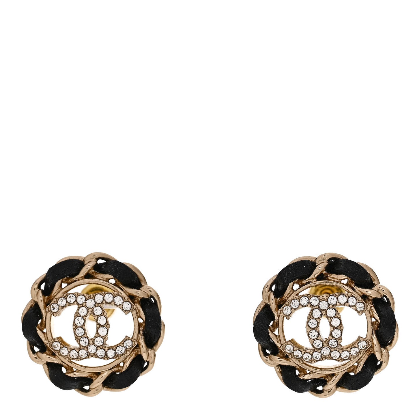 Crystal Lambskin Chain CC Stud Earrings Black Gold