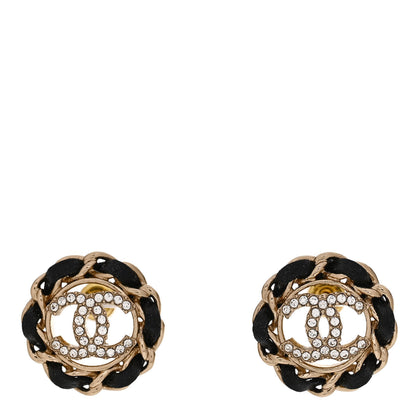 Chanel Crystal Lambskin Chain CC Stud Earrings Black Gold 1 of 5