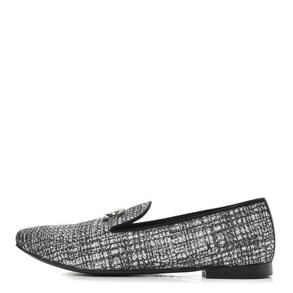 Chanel Fantasy Fabric Grosgrain CC Mocassin Loafers 39 Silver Black 1 of 9