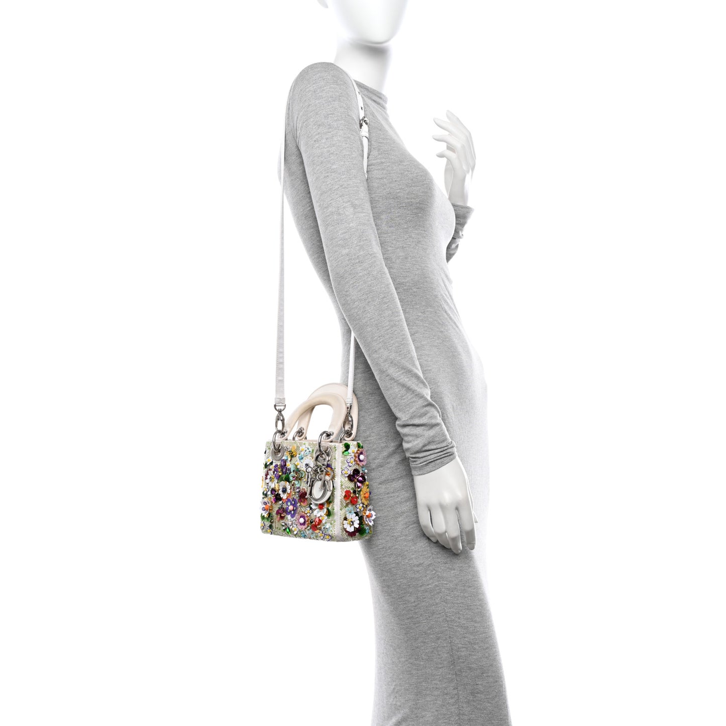 Satin Beaded Floral Embroidered Mini Lady Dior White Multicolor