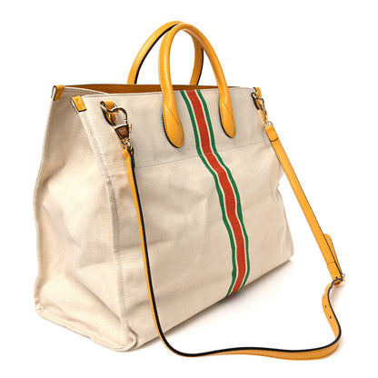 Gucci Linen Heavy Canvas Textured Dollar Calfskin Web Large Retro Interlocking G Foldable Tote Light Beige 3 of 10