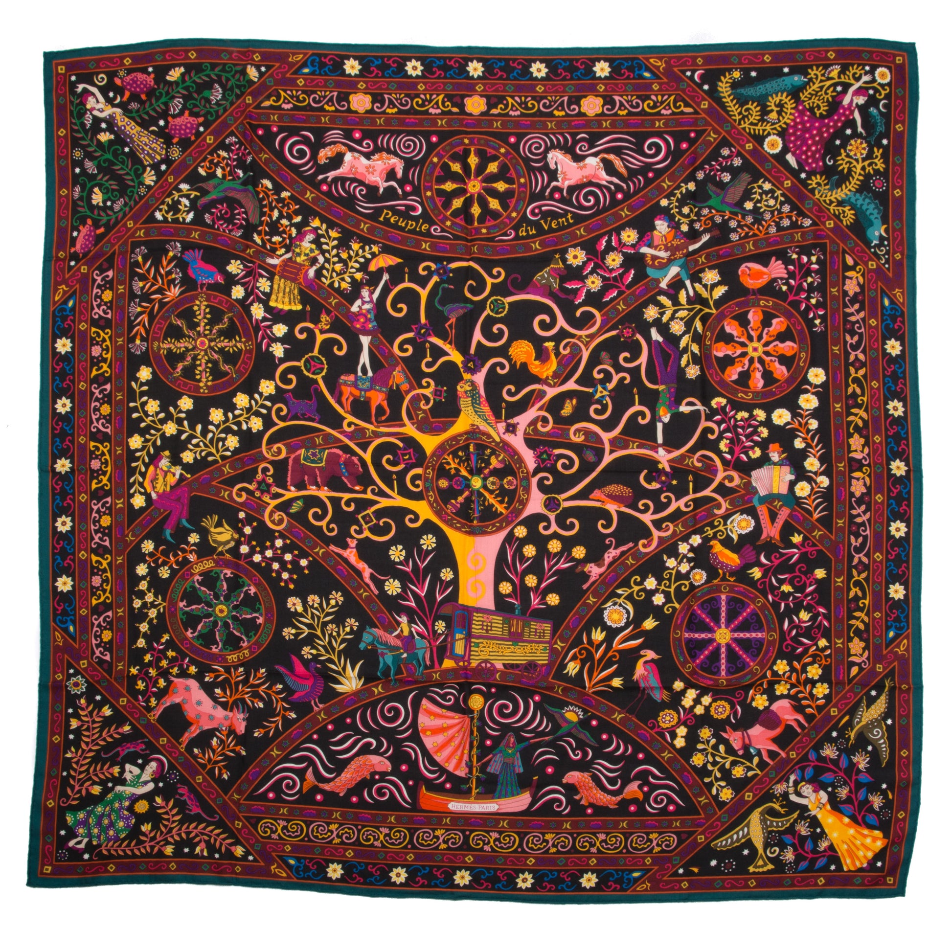 Hermes Cashmere Silk Peuple Du Vent Shawl 140 Black Corail Prune 1 of 6