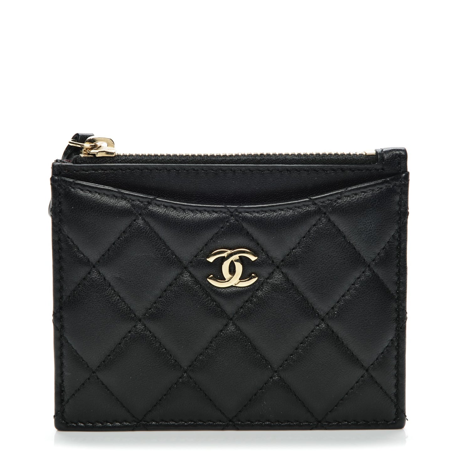 Lambskin Quilted Zip Card Holder Black