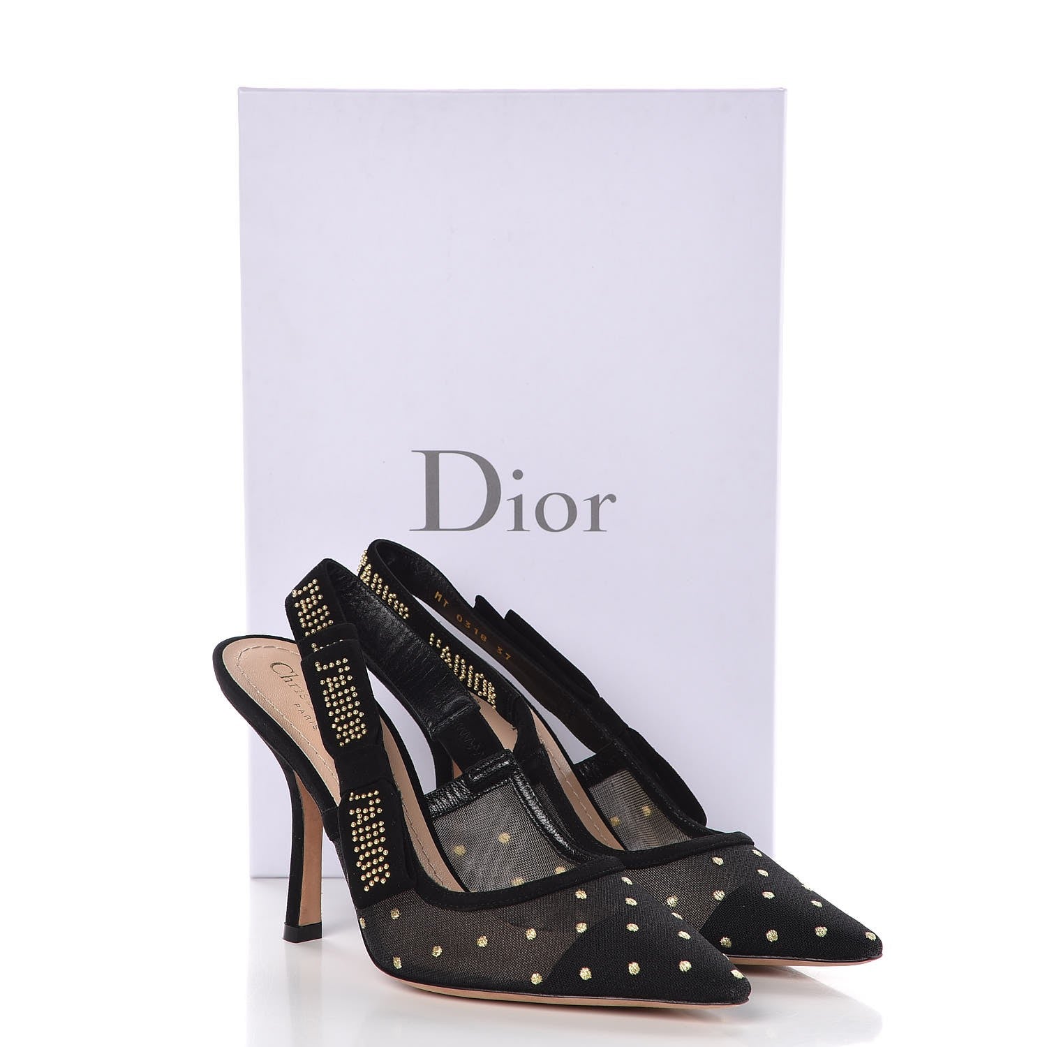 Christian Dior Mesh Plumetis Suede Dotted Studded J'Adoir Slingback 100mm Pumps 37 Black Gold 10 of 10
