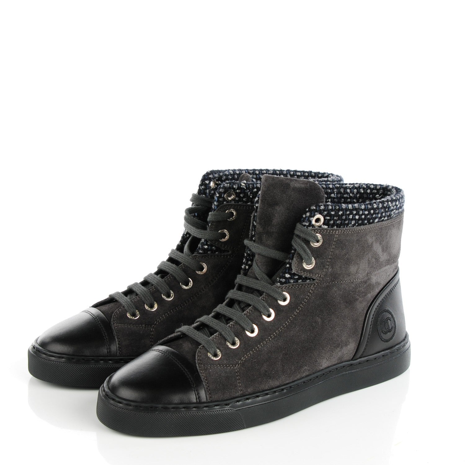 Chanel Suede Tweed High Top Sneakers 38.5 Dark Grey 3 of 8