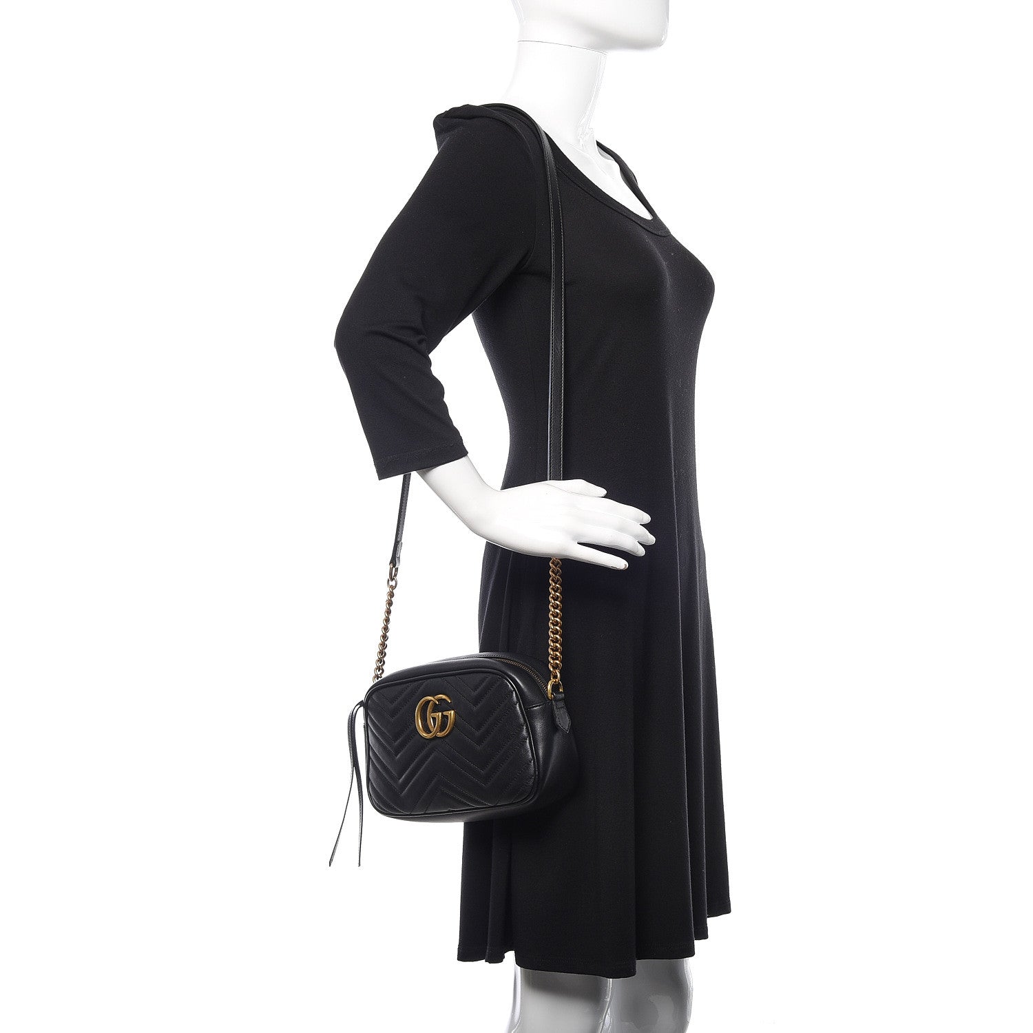 Gucci Calfskin Matelasse Small GG Marmont Chain Shoulder Bag Black 2 of 10