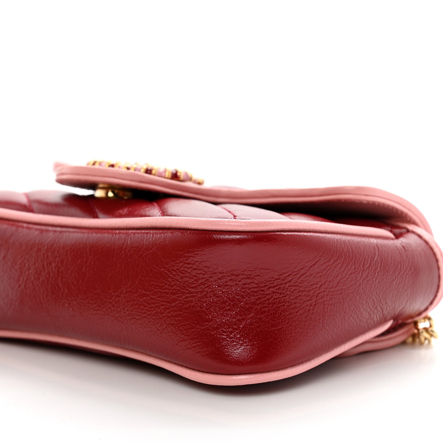 Azalea Calfskin Enamel Matelasse Diagonal Super Mini Torchon GG Marmont Shoulder Bag New Cherry Red Wild Rose