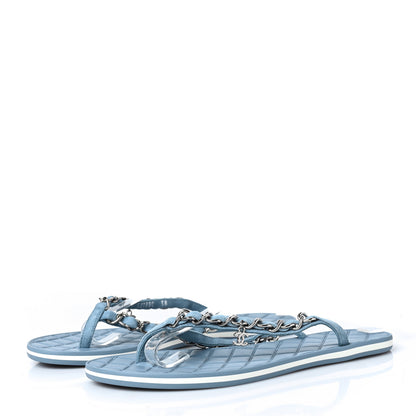 Chanel Suede Calfskin Quilted Chain Thong Sandals 38 Light Blue 3 of 8