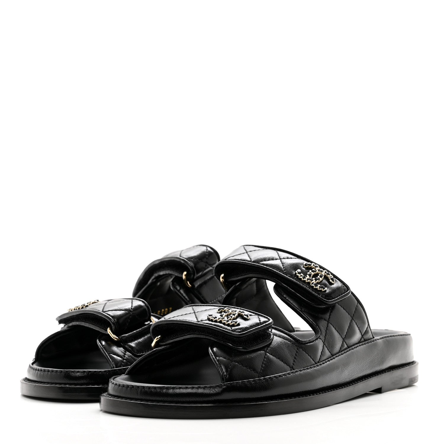 Chanel Lambskin Quilted Velcro Dad Chain CC Slide Sandals 36 Black 3 of 9