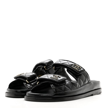 Chanel Lambskin Quilted Velcro Dad Chain CC Slide Sandals 36 Black 3 of 9