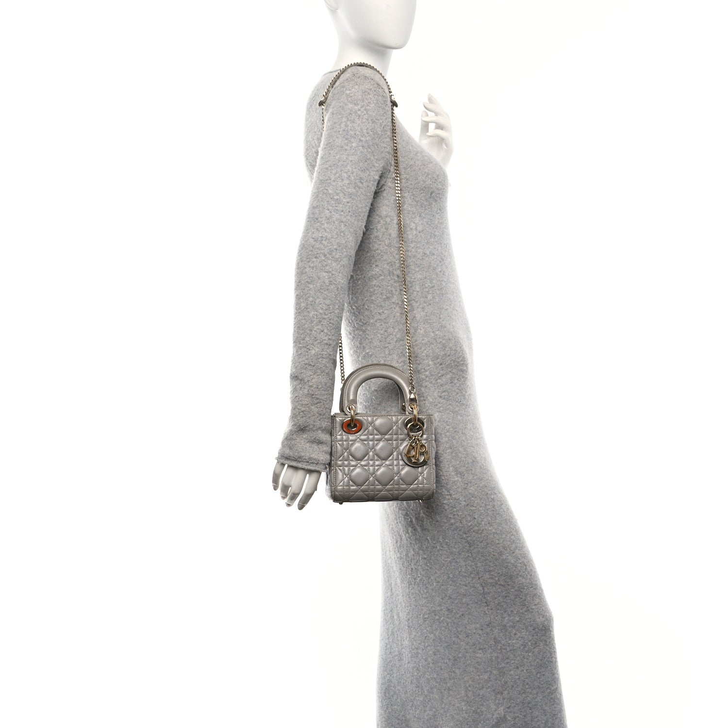 Christian Dior Metallic Lambskin Cannage Mini Lady Dior Grey