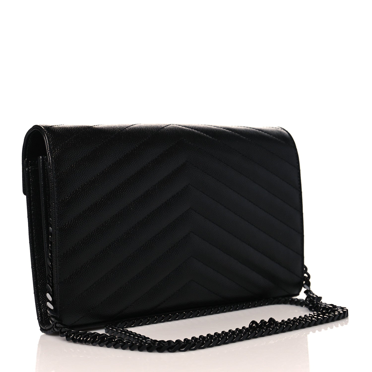 Saint Laurent Grain De Poudre Matelasse Chevron Monogram Chain Wallet Black 3 of 11