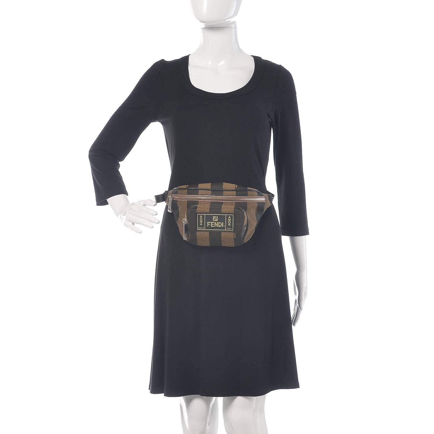Fendi Jacquard Vitello Century Pequin Logo Plate Pocket Belt Bag Tobacco Moro Black 2 of 10