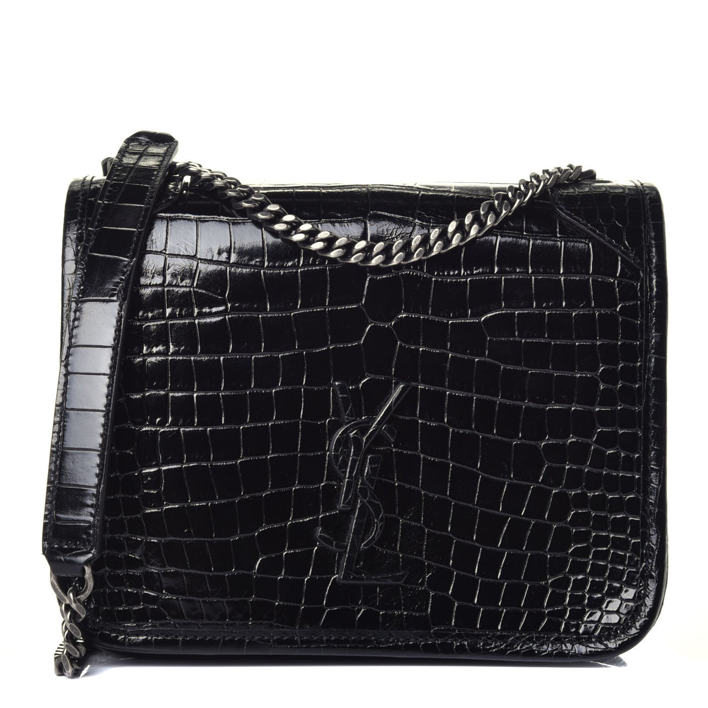 Crocodile Embossed Lambskin Matelasse Monogram Niki Chain Wallet Black