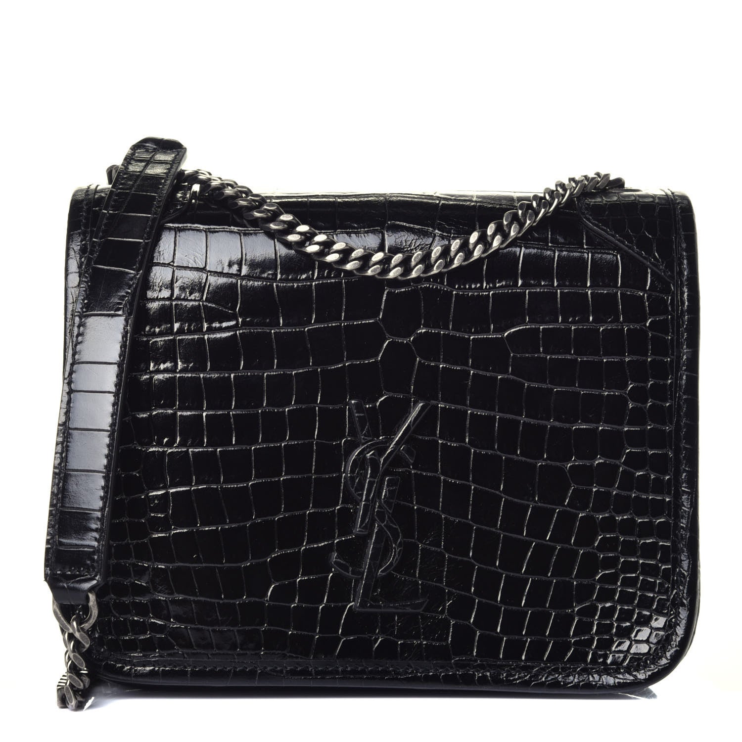 Saint Laurent Crocodile Embossed Lambskin Matelasse Monogram Niki Chain Wallet Black 1 of 9