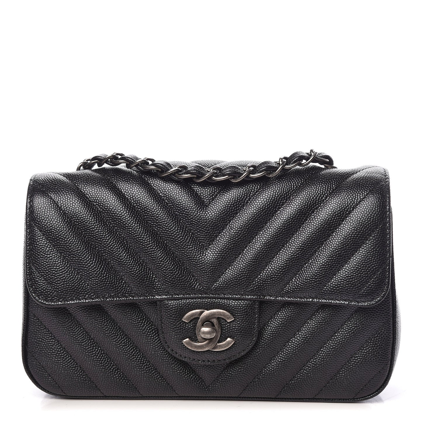 Iridescent Caviar Chevron Quilted Mini Rectangular Flap Black