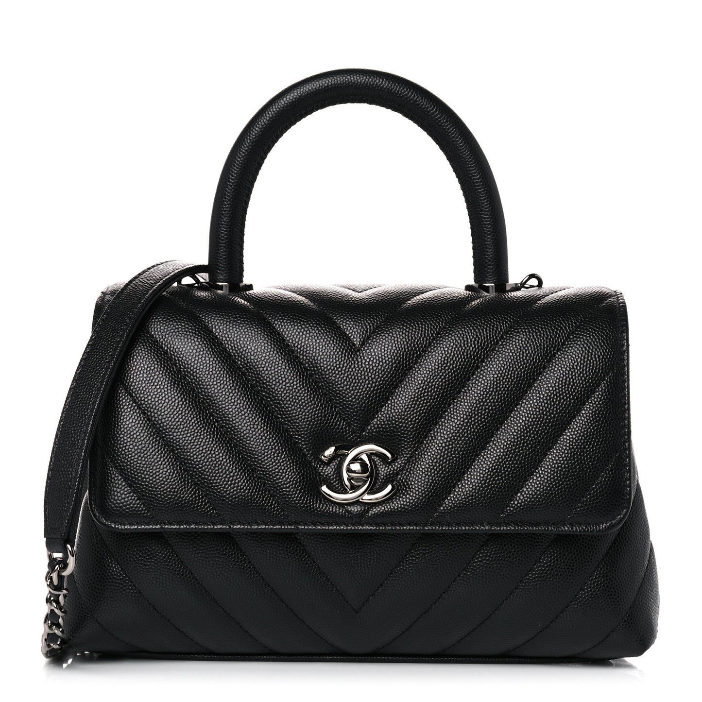 Caviar Chevron Quilted Mini Coco Handle Flap Black