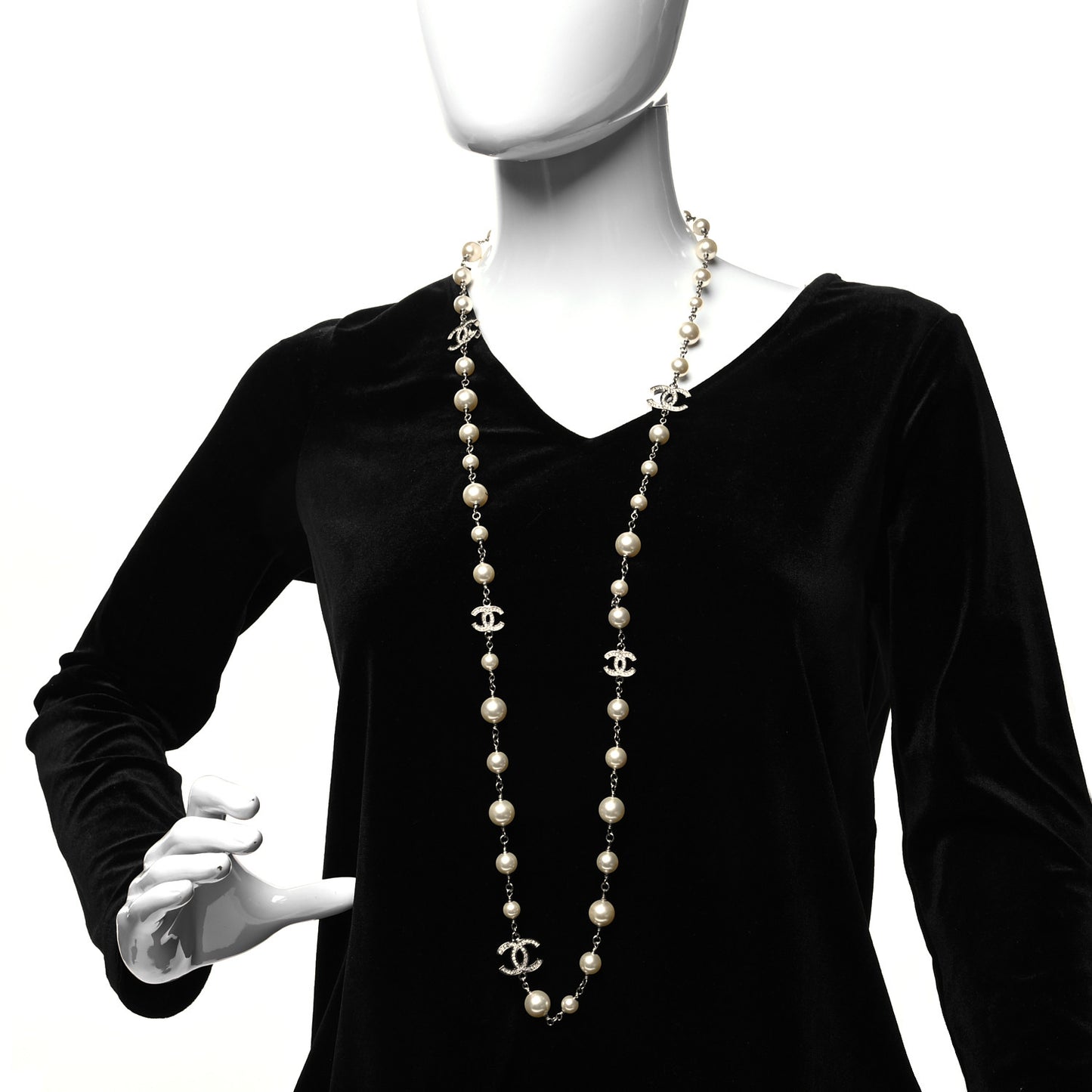 Graduated Pearl Crystal CC Long Necklace Silver