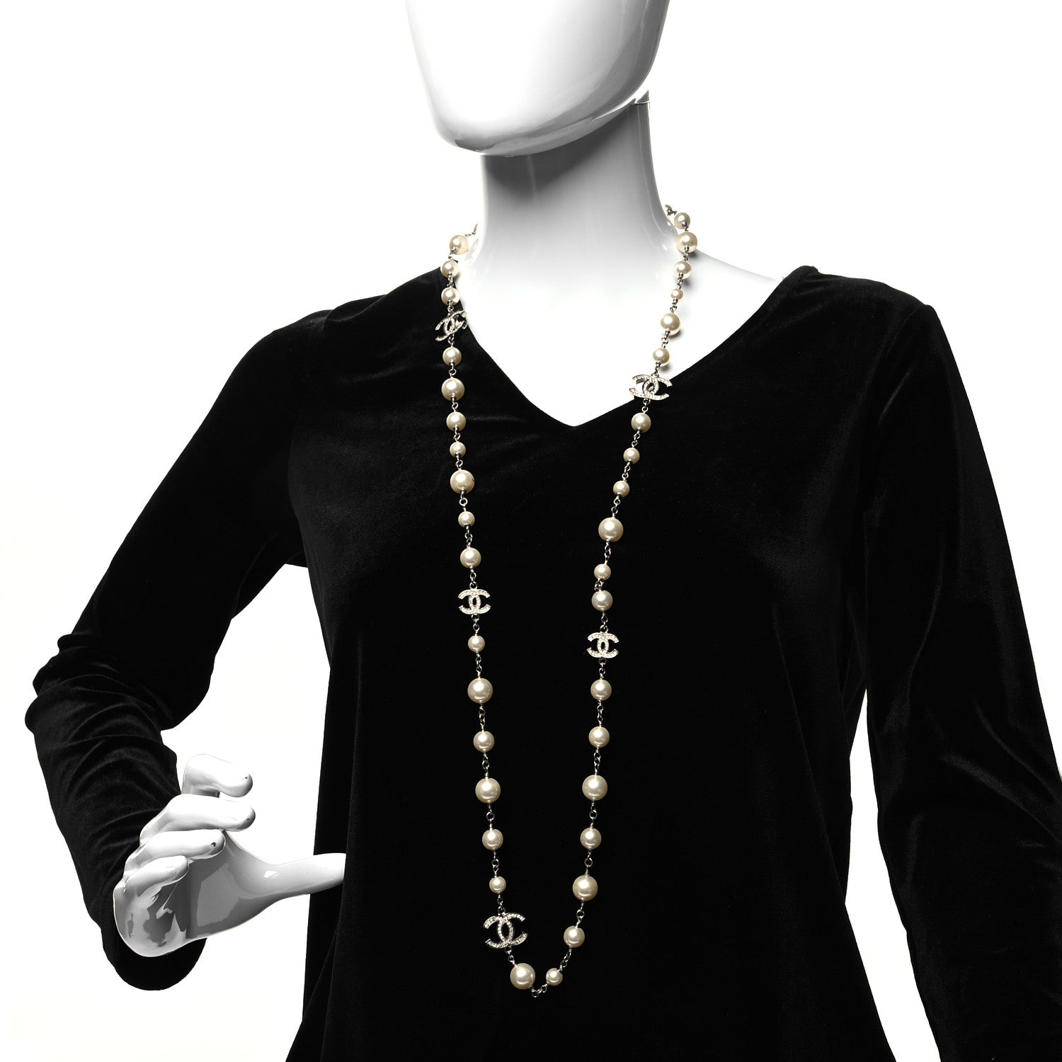 Chanel Graduated Pearl Crystal CC Long Necklace Silver 2 of 5