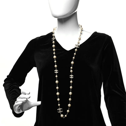 Chanel Graduated Pearl Crystal CC Long Necklace Silver 2 of 5