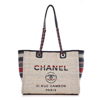 Chanel Striped Canvas Small Deauville Tote Beige 1 of 13