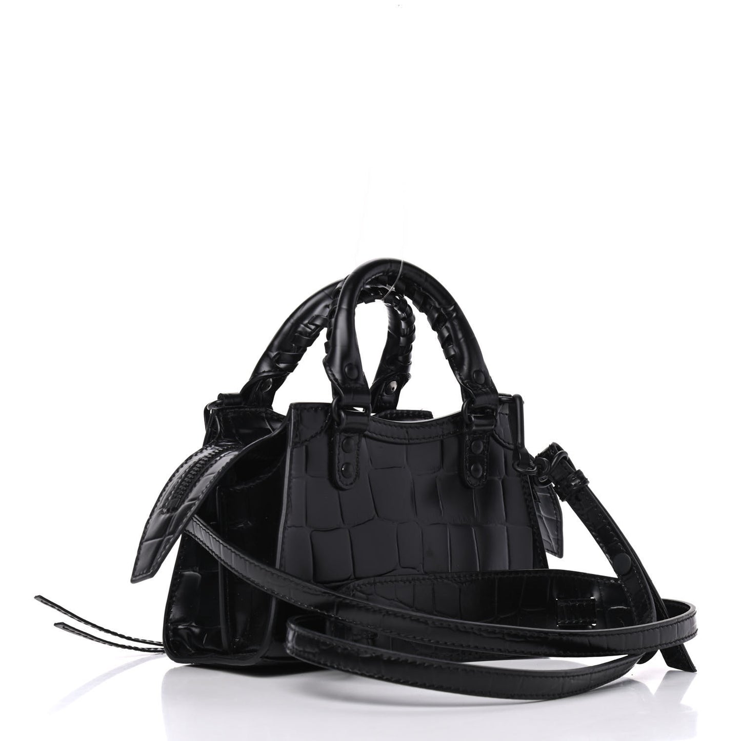 Semi Shiny Calfskin Crocodile Embossed Neo Classic Black Hardware Nano City Crossbody Black