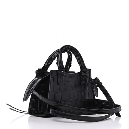 Balenciaga Semi Shiny Calfskin Crocodile Embossed Neo Classic Black Hardware Nano City Crossbody Black 2 of 4