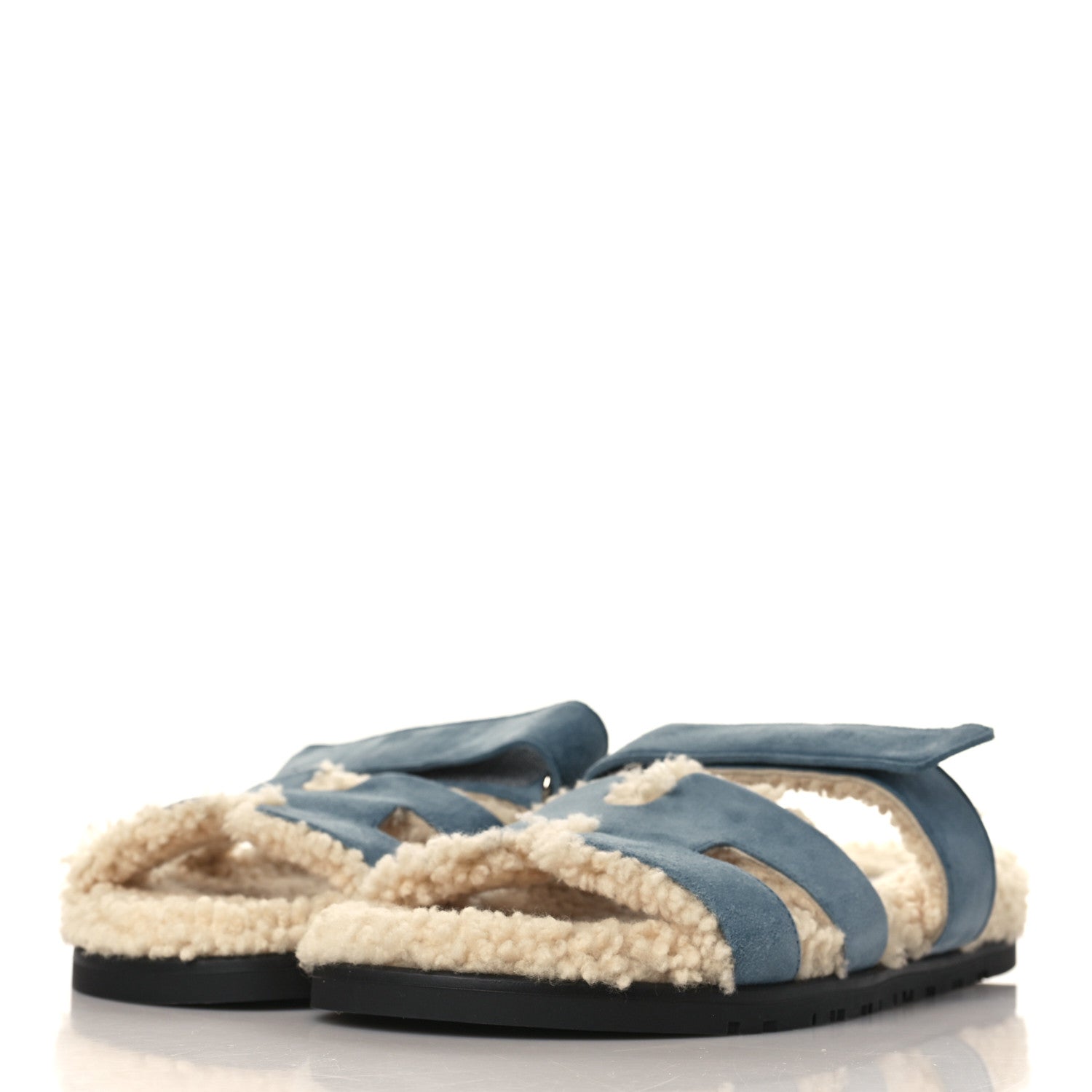 Hermes Suede Goatskin Woolskin Womens Chypre Sandals 38.5 Bleu Pinede Ecru 2 of 8