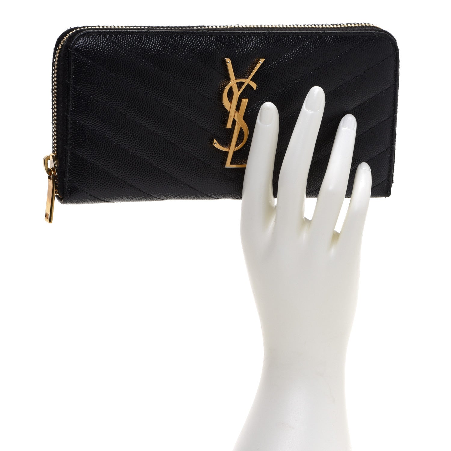 Saint Laurent Grain De Poudre Matelasse Chevron Monogram Zip Around Wallet Black 2 of 11