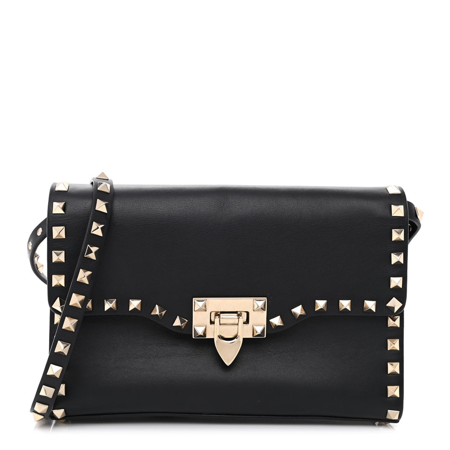 Vitello Medium Rockstud Flip Lock Crossbody Bag Black