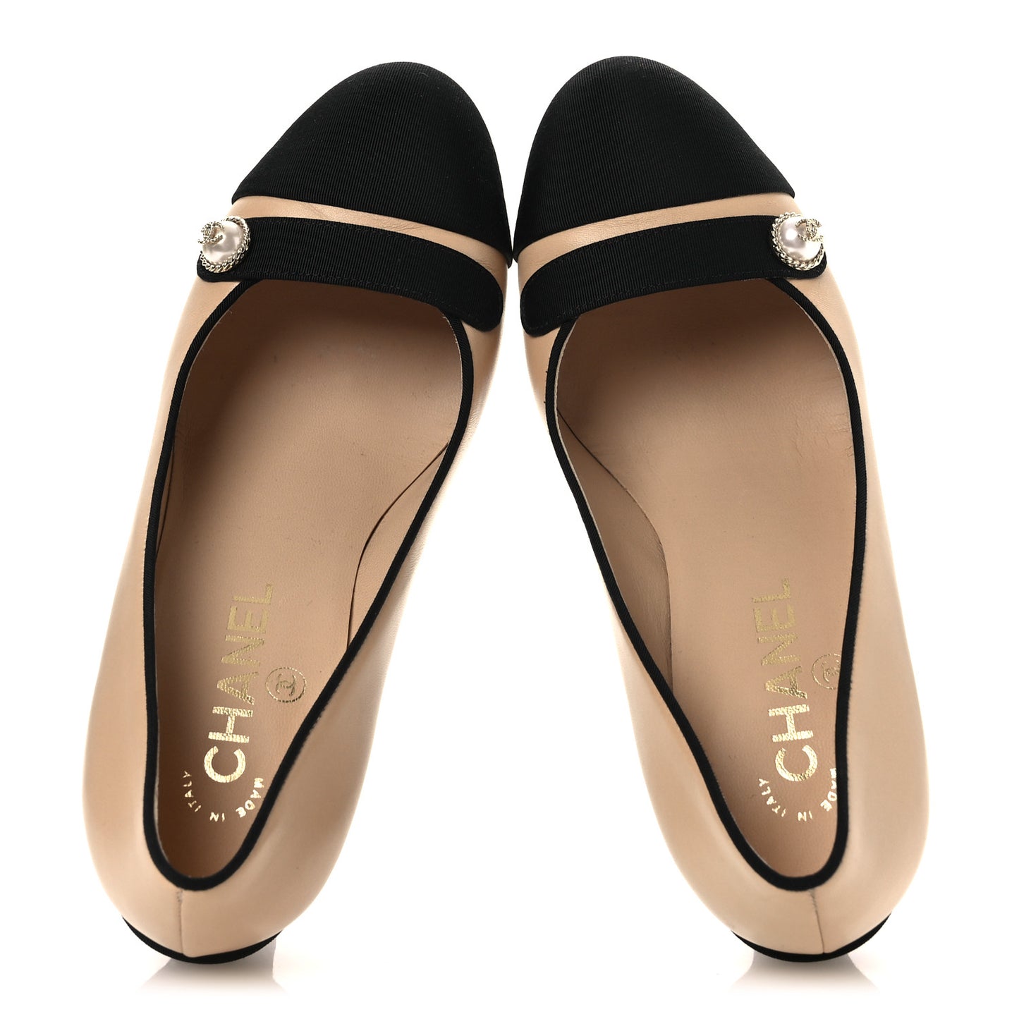 Calfskin Grosgrain Cap Toe Pearl Pumps 36.5 Beige Black