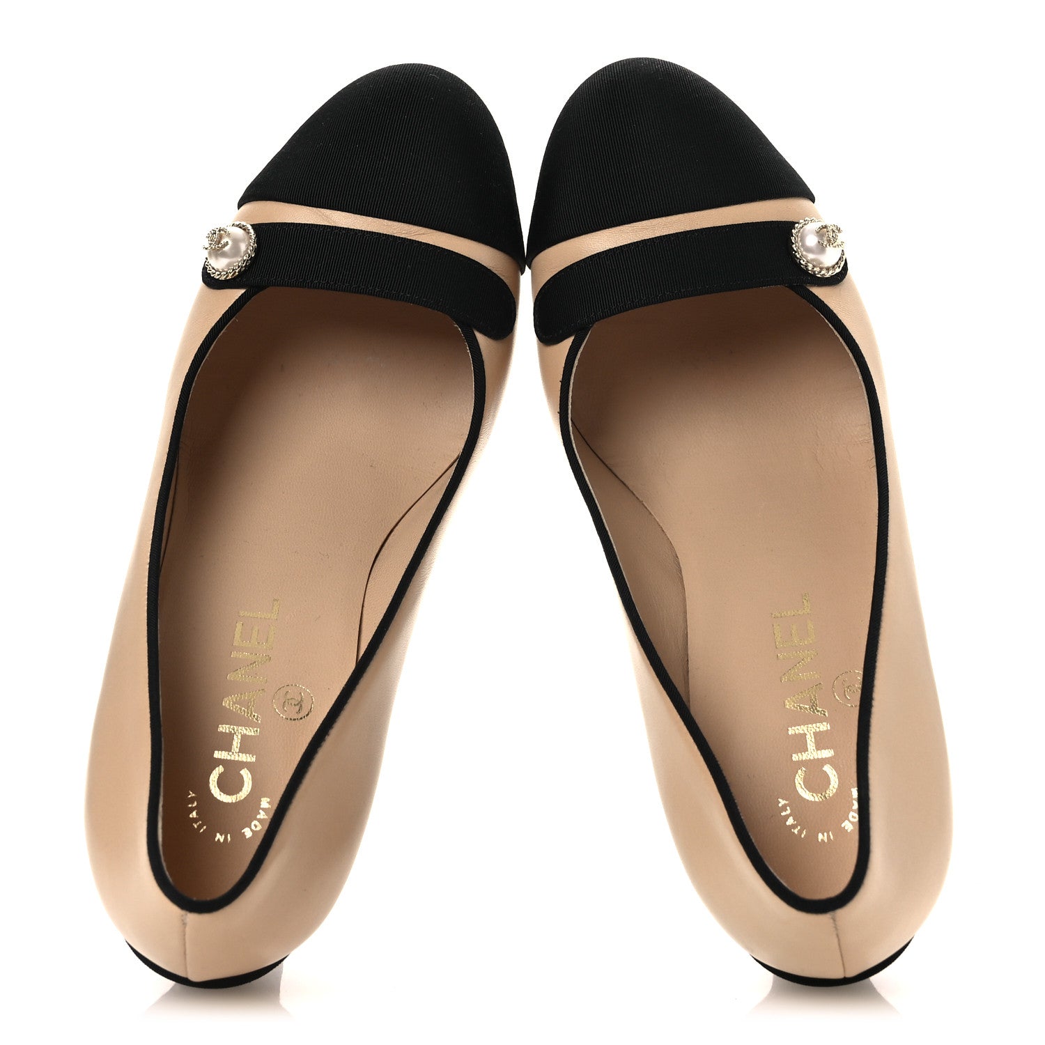 Chanel Calfskin Grosgrain Cap Toe Pearl Pumps 36.5 Beige Black 2 of 11