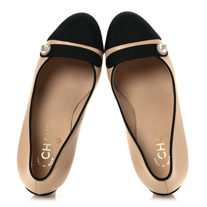 Chanel Calfskin Grosgrain Cap Toe Pearl Pumps 36.5 Beige Black 2 of 11