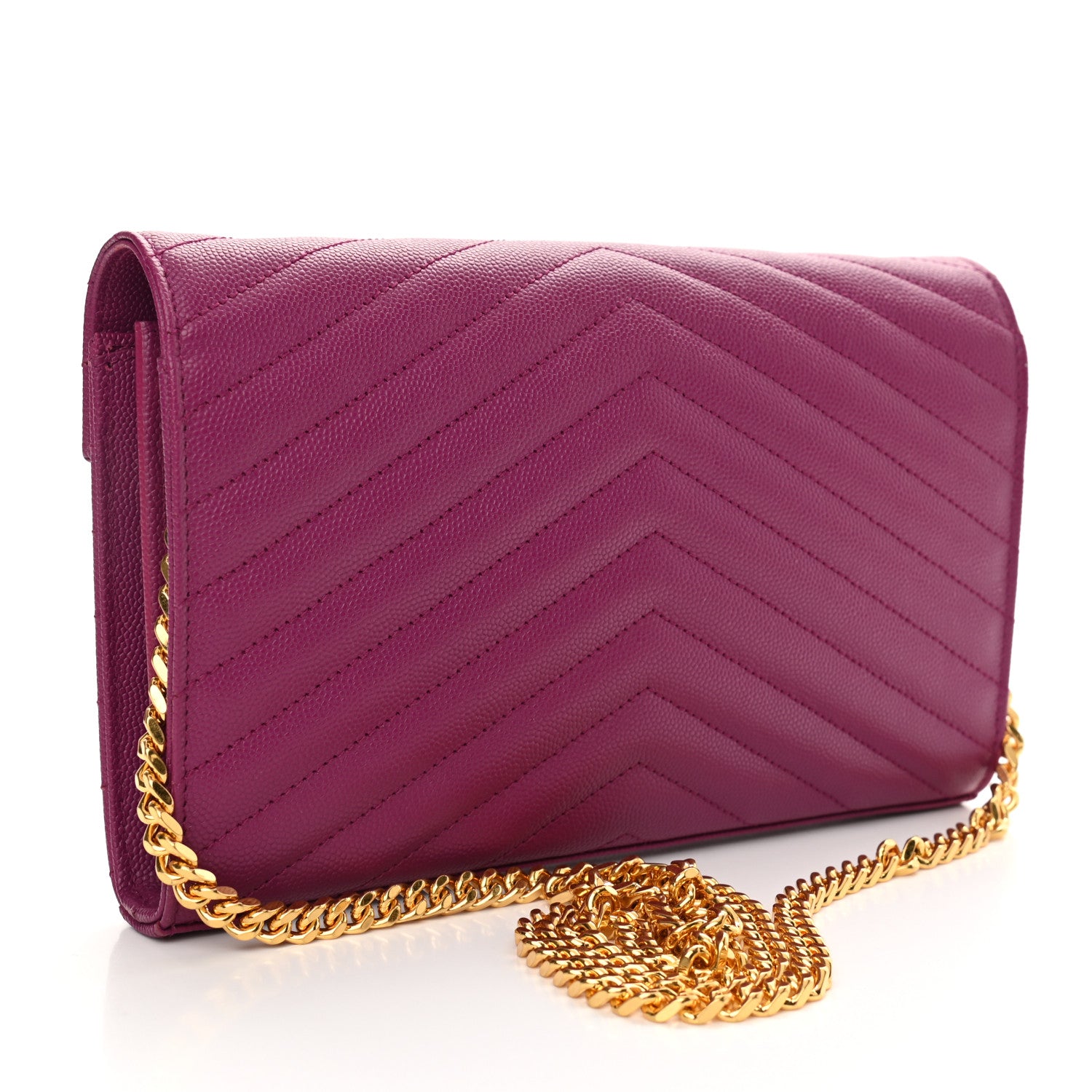 Saint Laurent Grain De Poudre Matelasse Chevron Monogram Chain Wallet Dark Grape 3 of 9