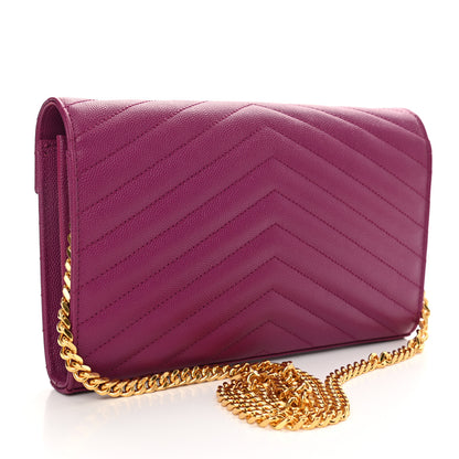 Saint Laurent Grain De Poudre Matelasse Chevron Monogram Chain Wallet Dark Grape 3 of 9