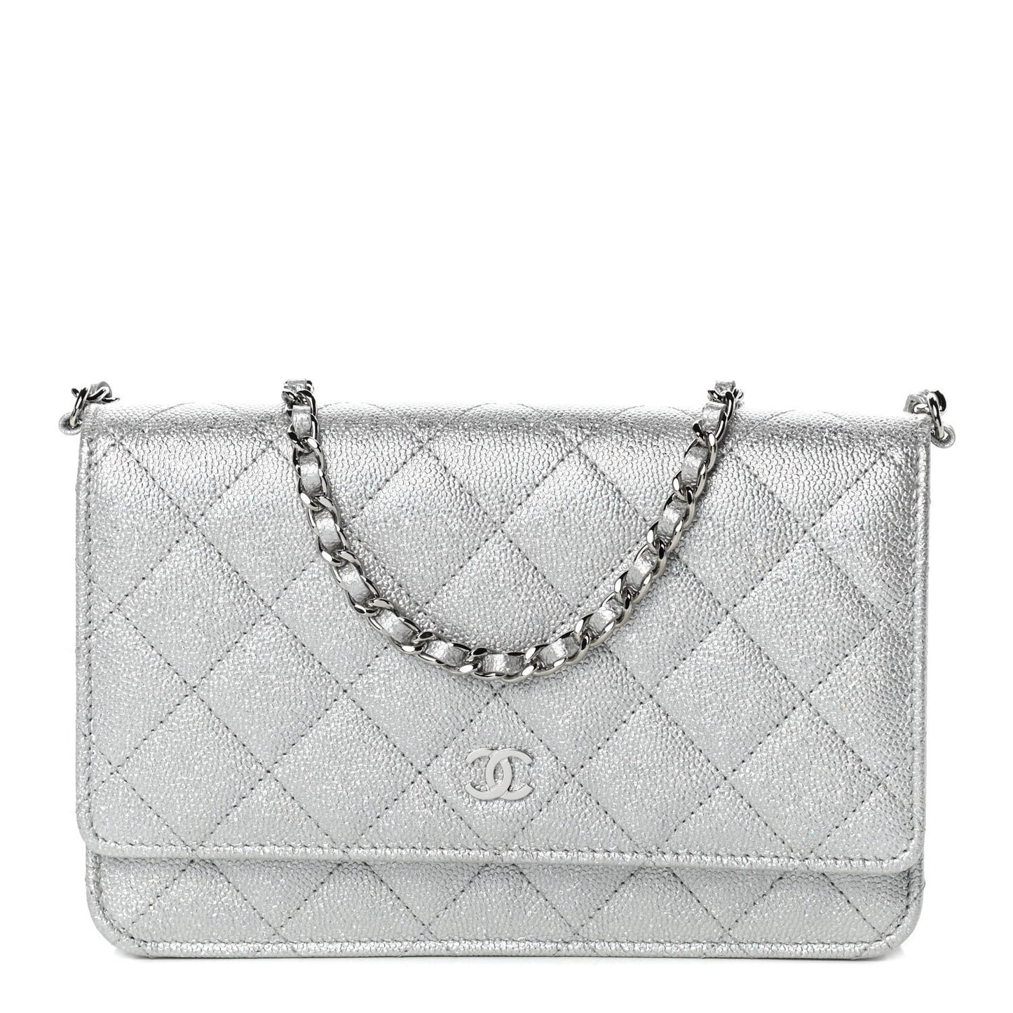 Glittered Metallic Caviar Quilted Wallet On Chain WOC Silver