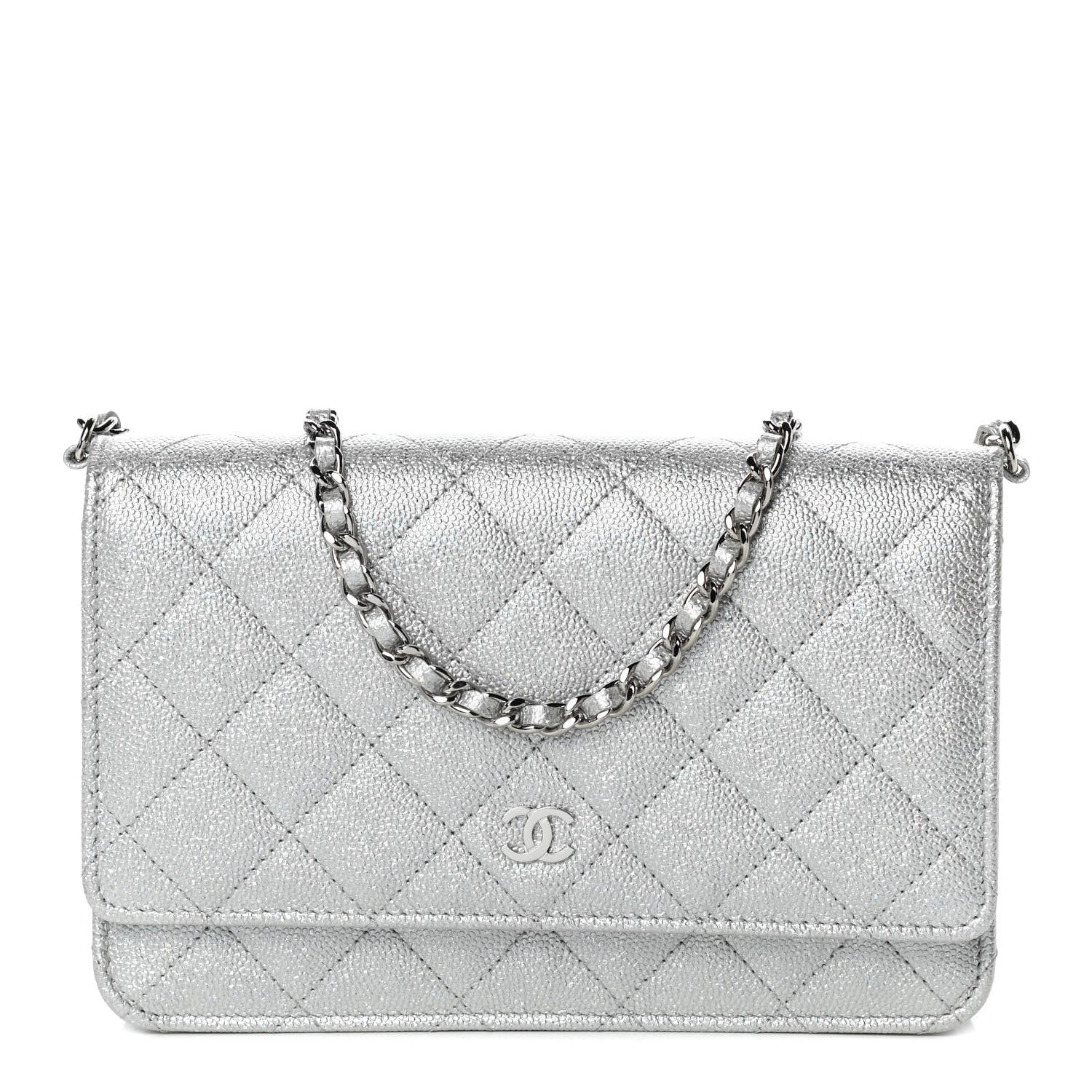 Chanel Glittered Metallic Caviar Quilted Wallet On Chain WOC Silver 1 of 11