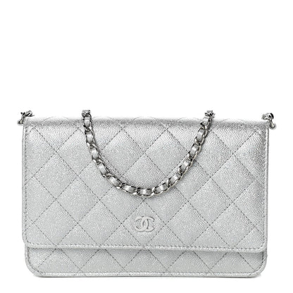Chanel Glittered Metallic Caviar Quilted Wallet On Chain WOC Silver 1 of 11