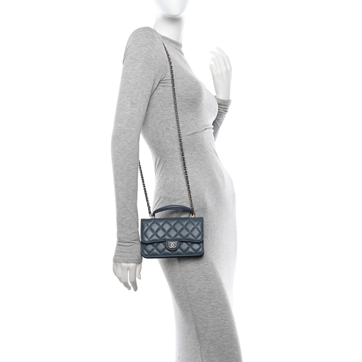 Lambskin Quilted Flap Phone Holder With Chain Blue