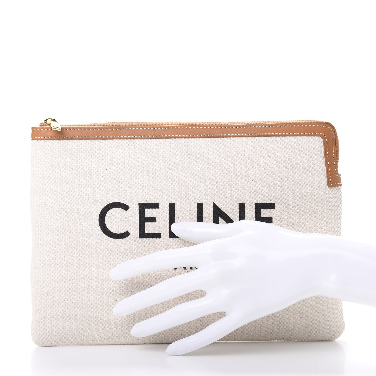 Celine Cotton Canvas Calfskin Logo Large Pouch Natural 2 of 7