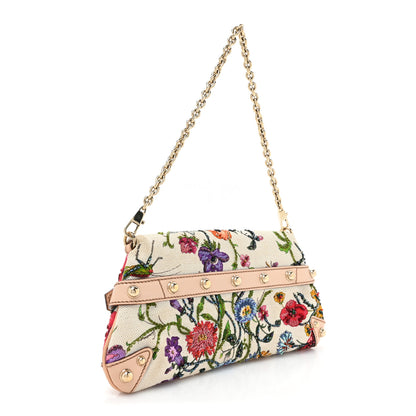 Gucci Canvas Flora Floral Beaded Small Horsebit Chain Clutch White Multicolor 3 of 16