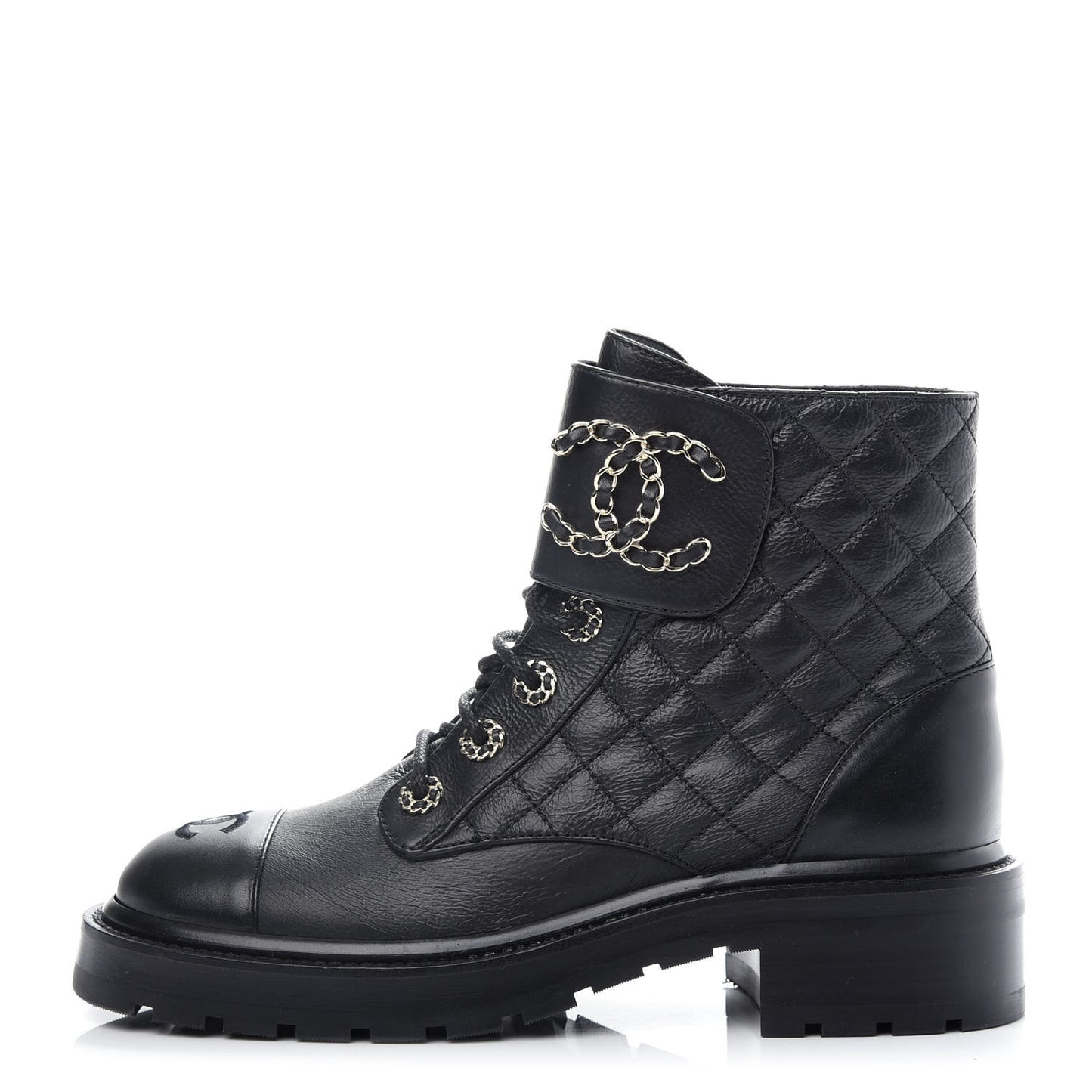 Shiny Goatskin Calfskin Quilted Lace Up Combat Boots 37.5 Black