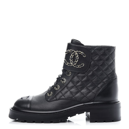 Chanel Shiny Goatskin Calfskin Quilted Lace Up Combat Boots 37.5 Black 1 of 11
