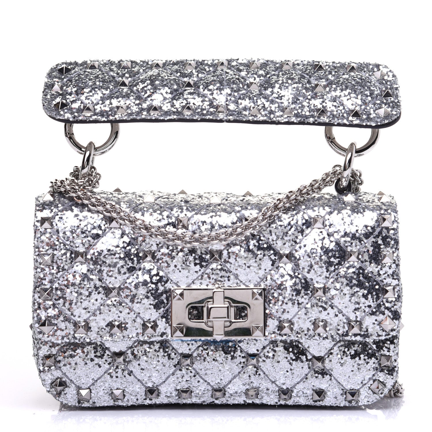 Valentino Garavani Glitter Mini Rockstud Spike Shoulder Bag Silver 1 of 13