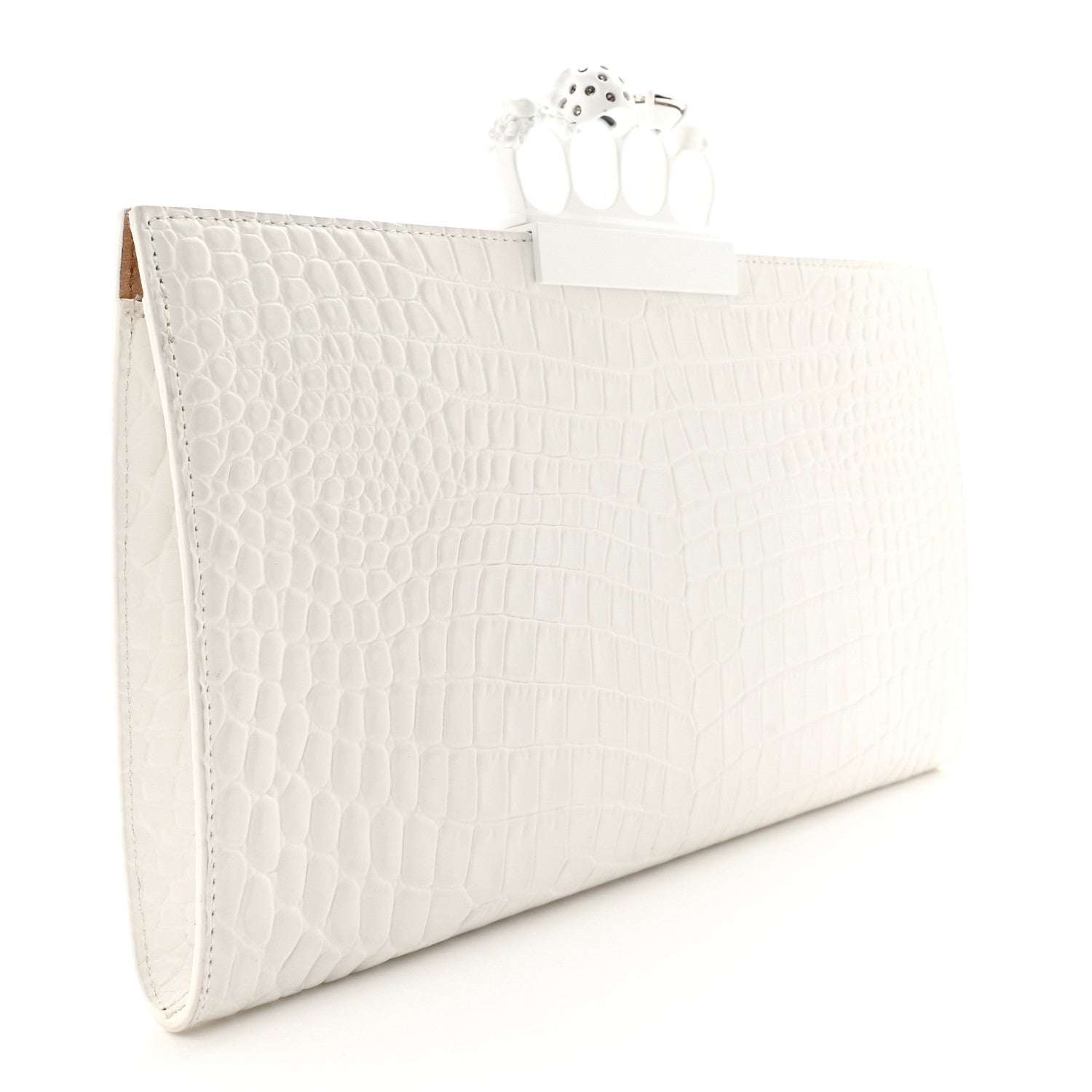 Alexander McQueen Calfskin Crocodile Embossed Knuckle Flat Clutch White 3 of 11