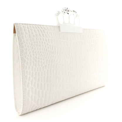 Alexander McQueen Calfskin Crocodile Embossed Knuckle Flat Clutch White 3 of 11