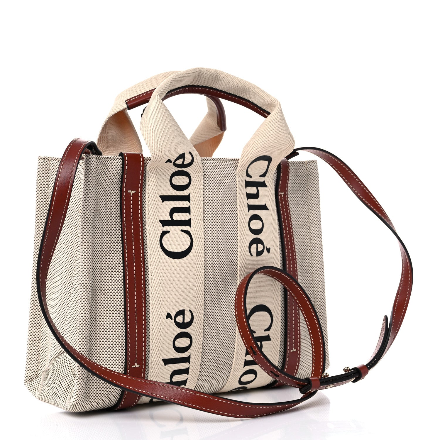 Chloe Cotton Calfskin Small Woody Ribbon Tote With Strap White Brown 3 of 10