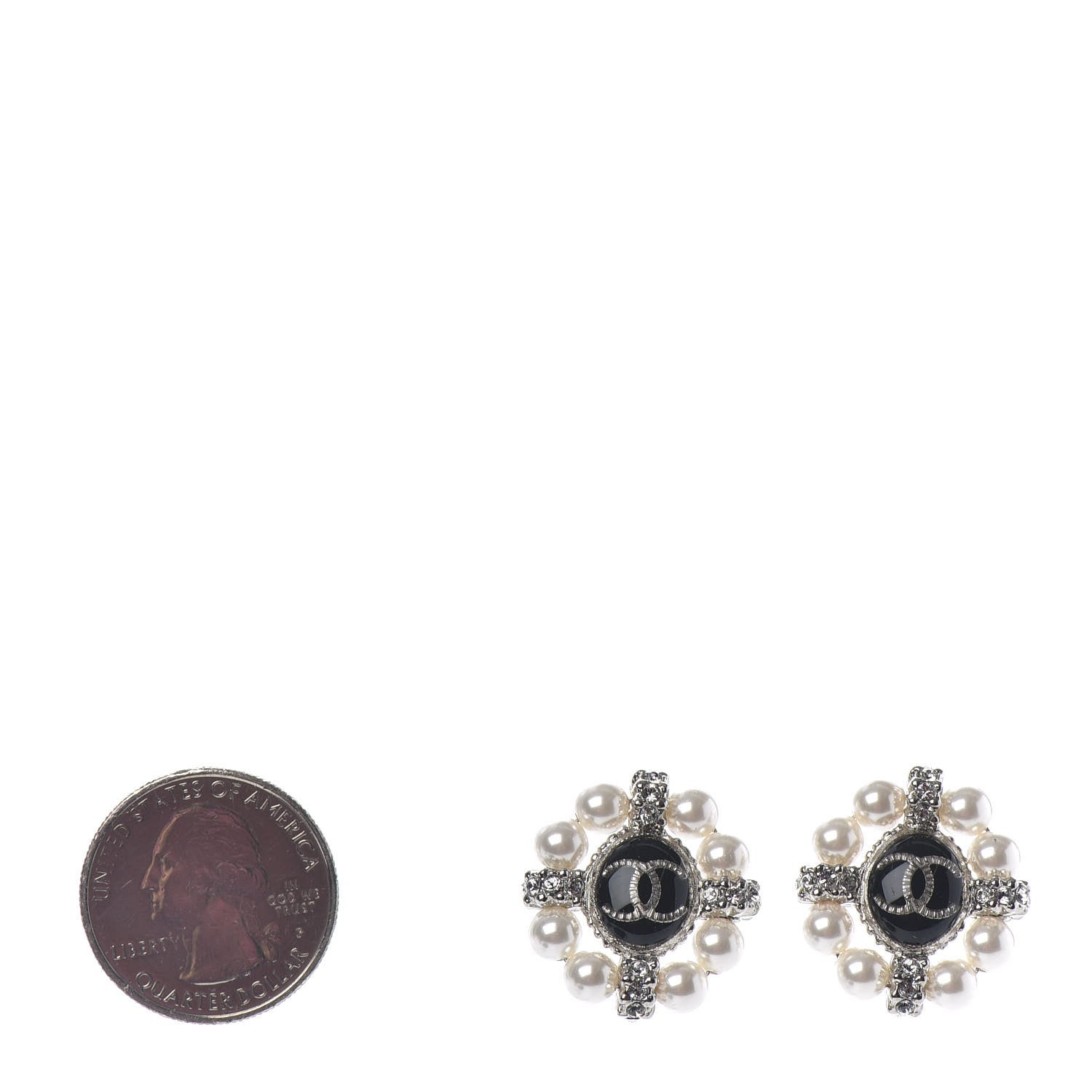 Chanel Crystal Pearl Bead CC Round Earrings Silver Black 2 of 4
